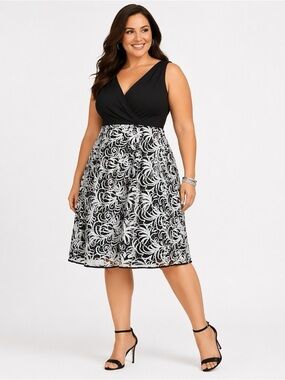 R&M Richards Soutache Sequin Fit & Flare Dress Black White Size 12 Cocktail